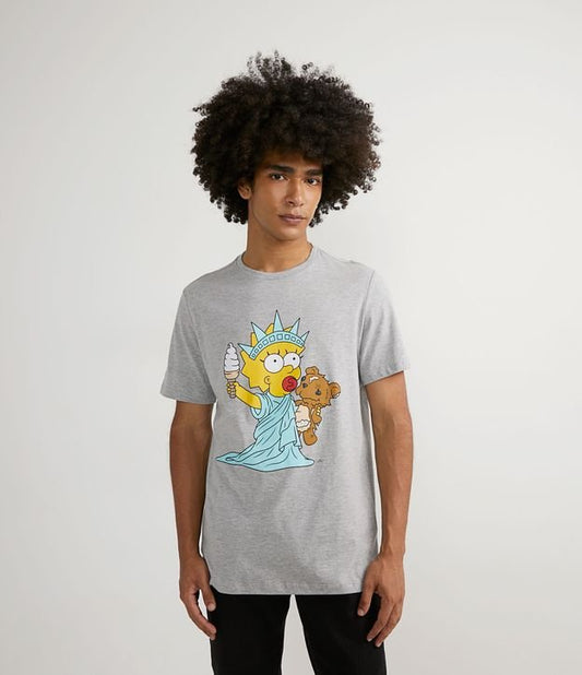 Camiseta cinza em tecido de meia malha com estampa da Maggie Statue of Liberty