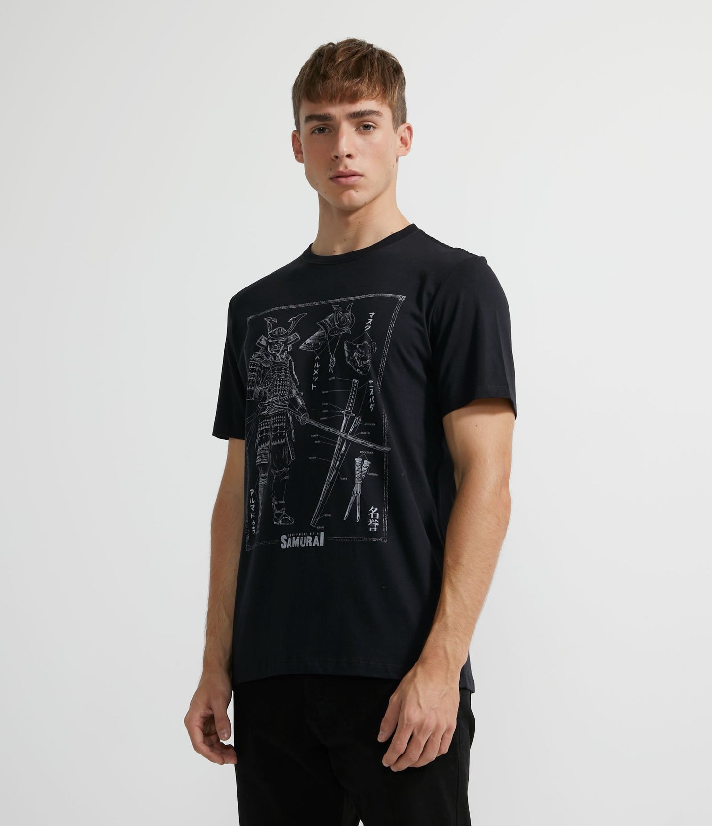 Camiseta de manga corta con dibujo técnico Samurai negro estampado