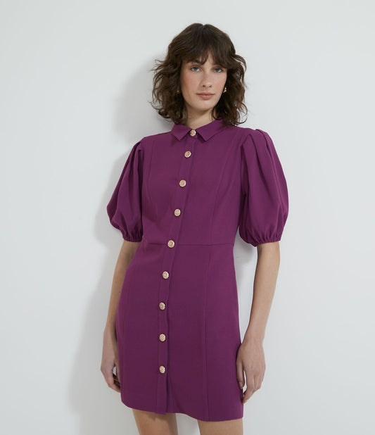 Vestito corto in crepe con bottoni unici e maniche a pieghe in viola