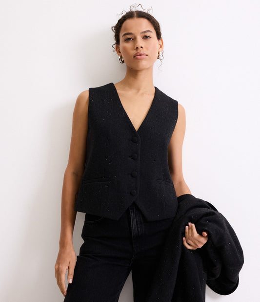 Gilet in Polyvelour nero con bottoni ricoperti e lucentezza