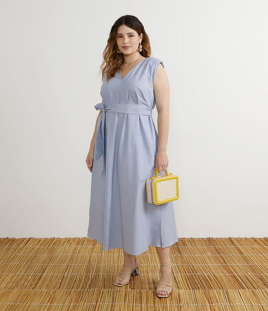Vestido Midi Tricoline Muscle Tee com cinto e fendas laterais - Curve e Plus Size - Azul