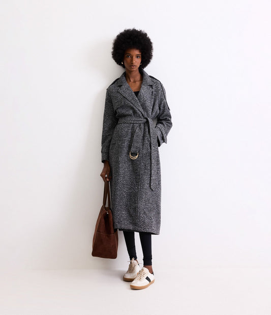 Casaco Longo de Tweed com Cinto de Fivela Preto/Cinza