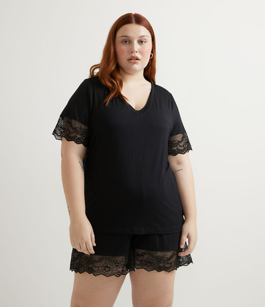 Pijama curto em viscolycra com detalhes em renda, Curve & Plus Size, preto