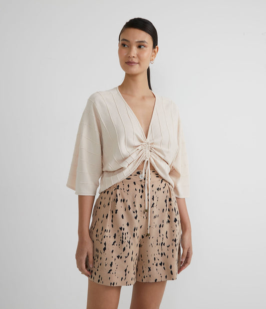 Blusa de viscosa texturizada de manga 3/4 con dobladillo de lazo en rosa