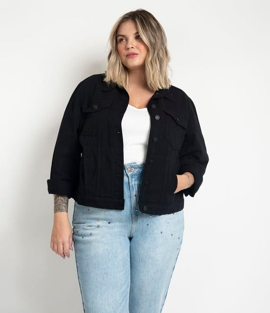 Giacca trucker nera tinta unita in Twill, Curve e taglie forti