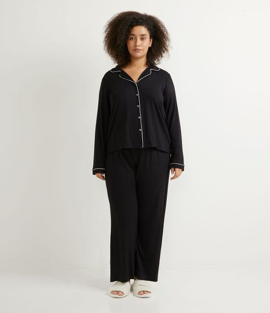 Pijama Estilo Americano de Lycra Viscosa con Ribete en Contraste, Tallas Grande y Curva, Negro