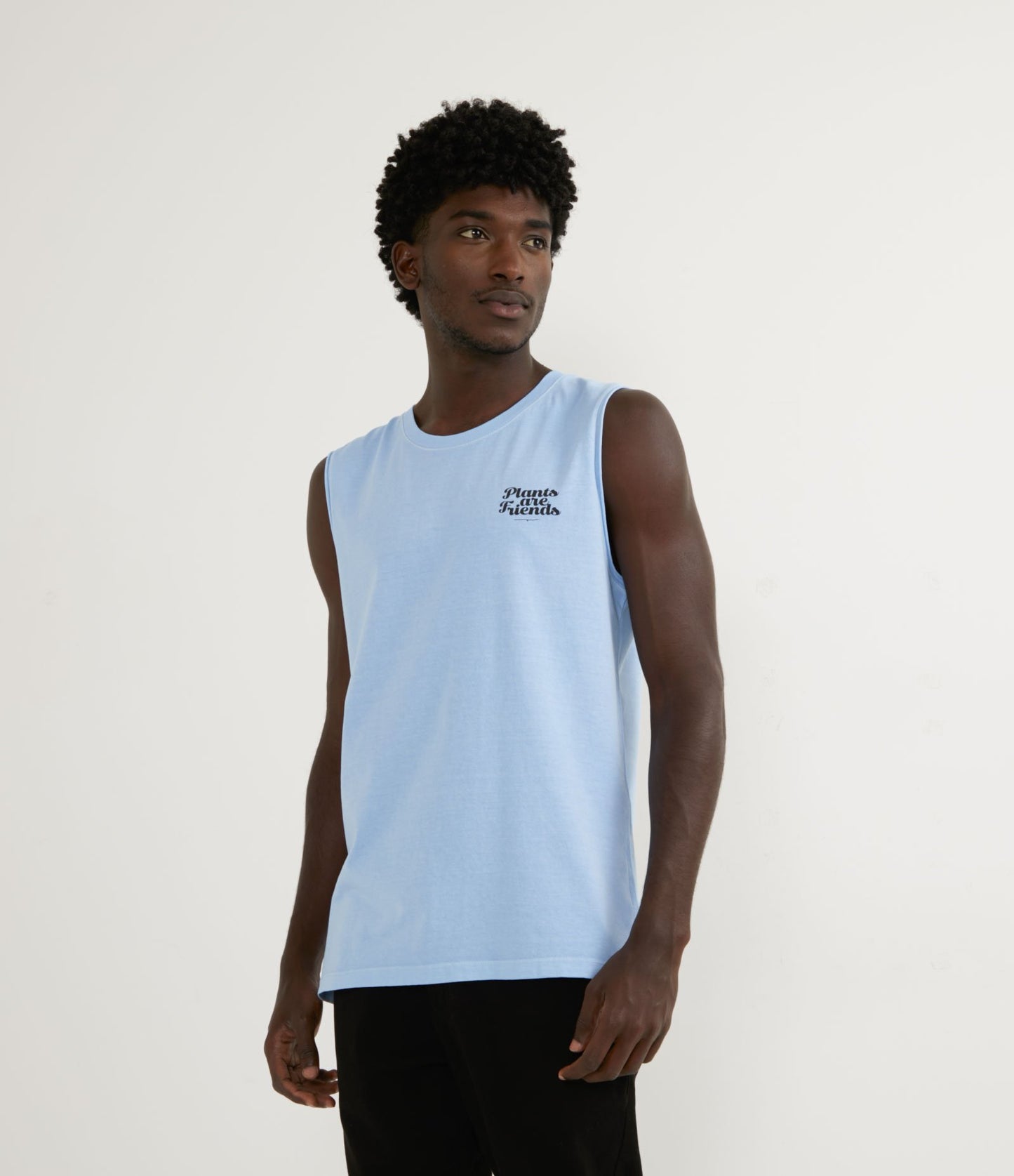 Camiseta sin mangas con estampado "Las plantas son amigas" delante y detrás - Azul