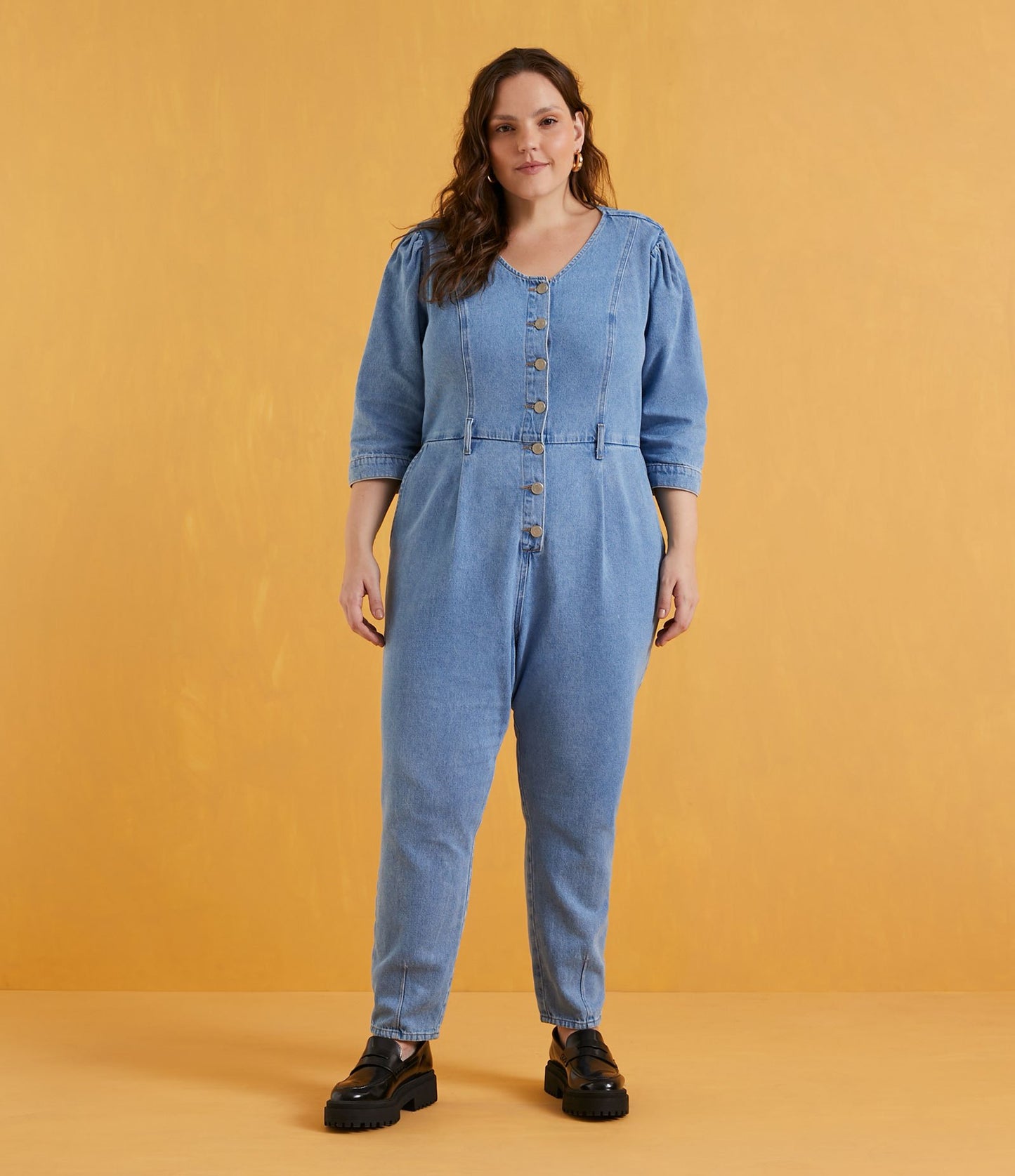 Blue 3/4 Sleeve Button-Up Denim Jumpsuit - Curve & Plus Size