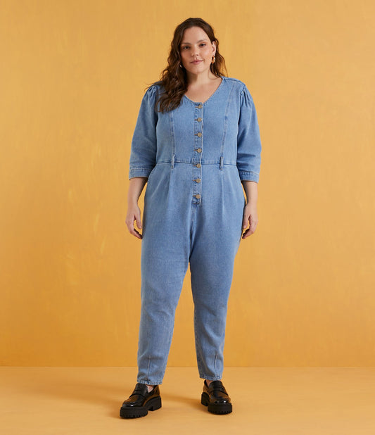 Blue 3/4 Sleeve Button-Up Denim Jumpsuit - Curve & Plus Size