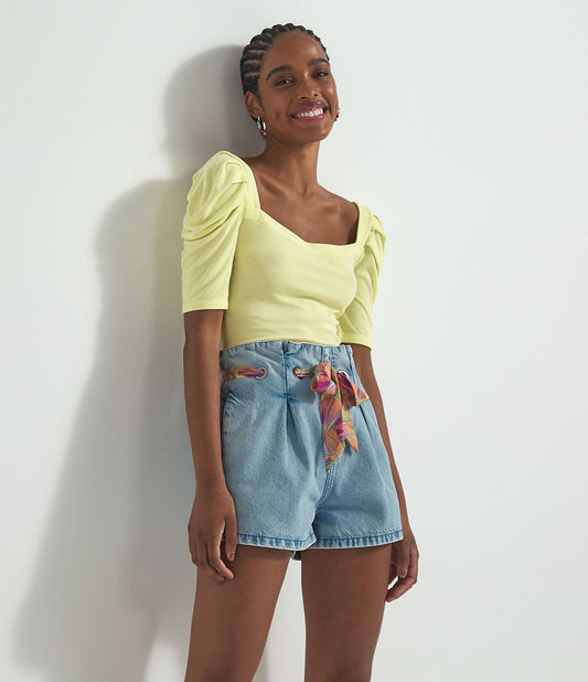 Plain Ribbed Blouse with Puff Sleeves in Yellow