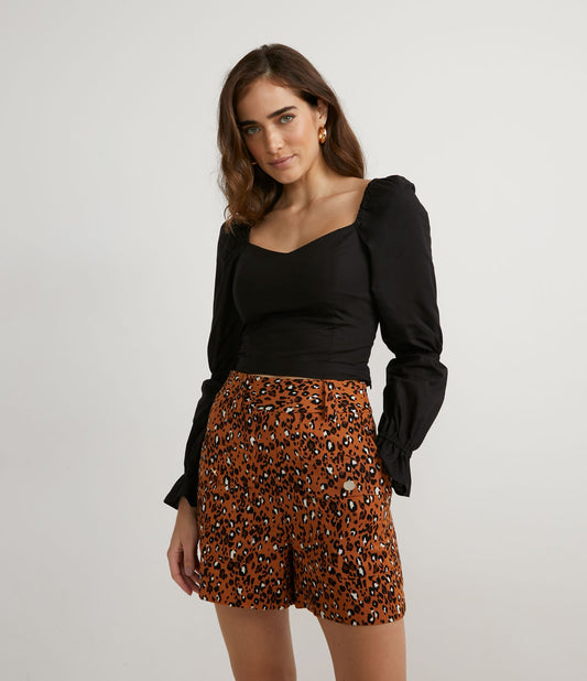 Black Tricoline Cropped Blouse with Ruffled Sleeves