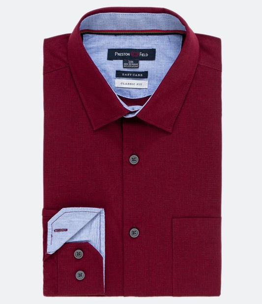 Camisa clássica Comfort Fit de manga longa com estampa de mini-grade e bolso vermelho