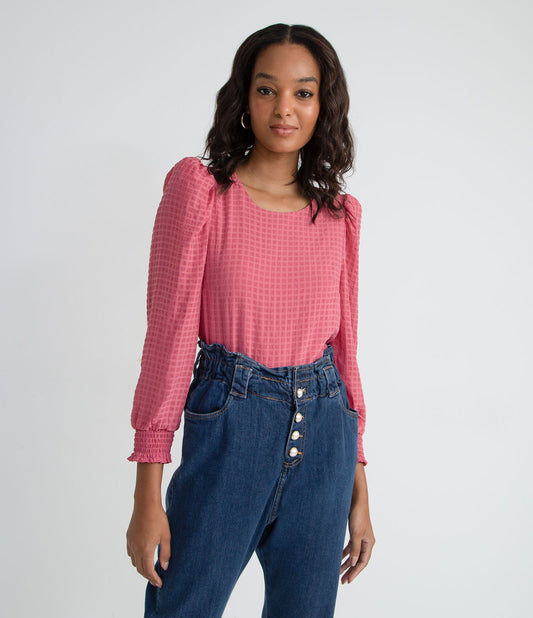 Long Sleeve Blouse with Elastic Cuffs and Back Buttons in Pink