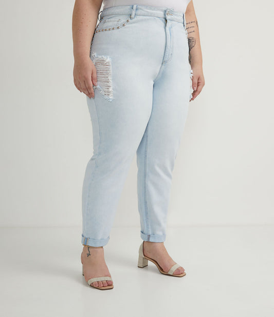 Jeans Mom con lavaggio chiaro e dettagli con borchie, Curve e taglie forti, blu