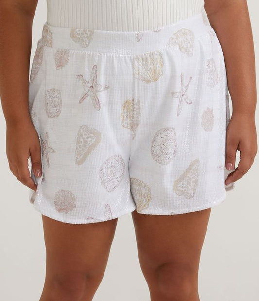 Pantaloncini con stampa oceano di paillettes, Curve e taglie forti, bianco