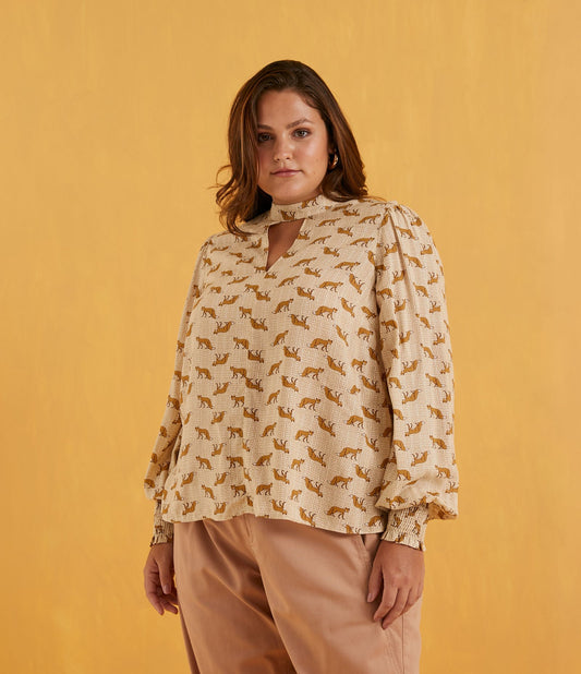 Blusa de viscose com estampa de raposa, Curve & Plus Size, Bege
