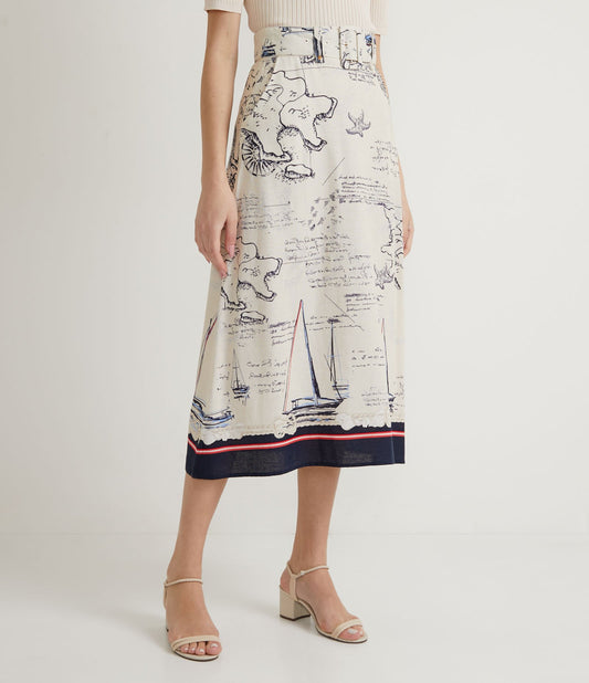 Falda Midi con Estampado de Mapas Multicolor en Viscosa