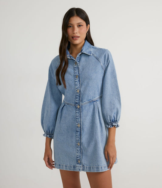 Abito in denim con linea ad A, bottoni frontali e maniche raglan blu
