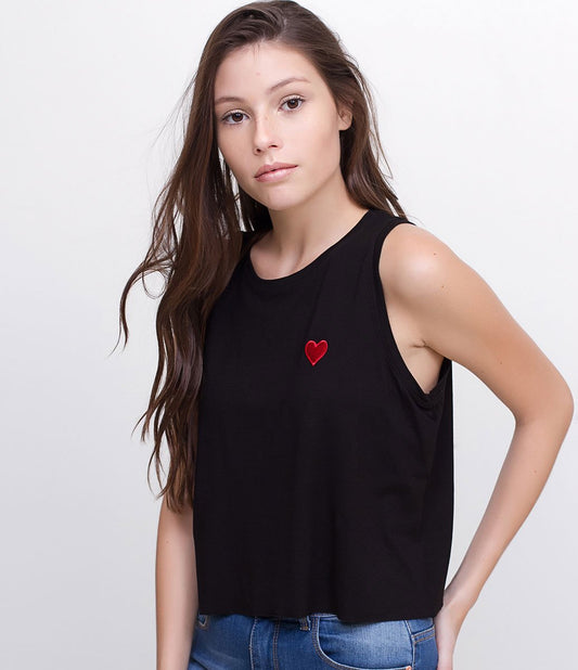 Regata Cropped Preta com Bordado