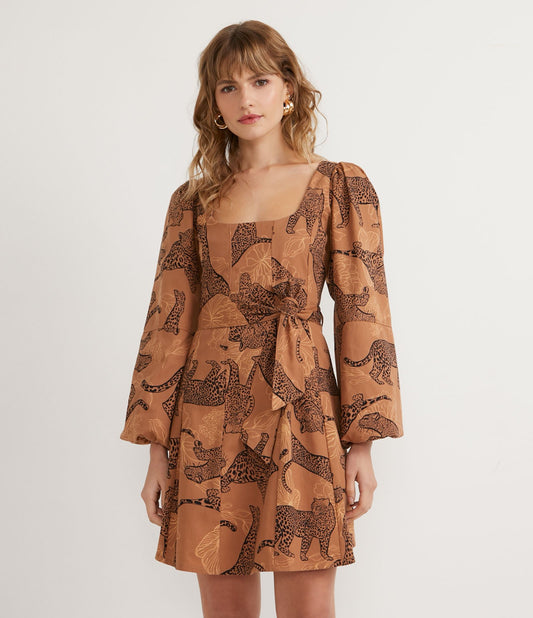 Abito corto in tessuto twill leopardato marrone