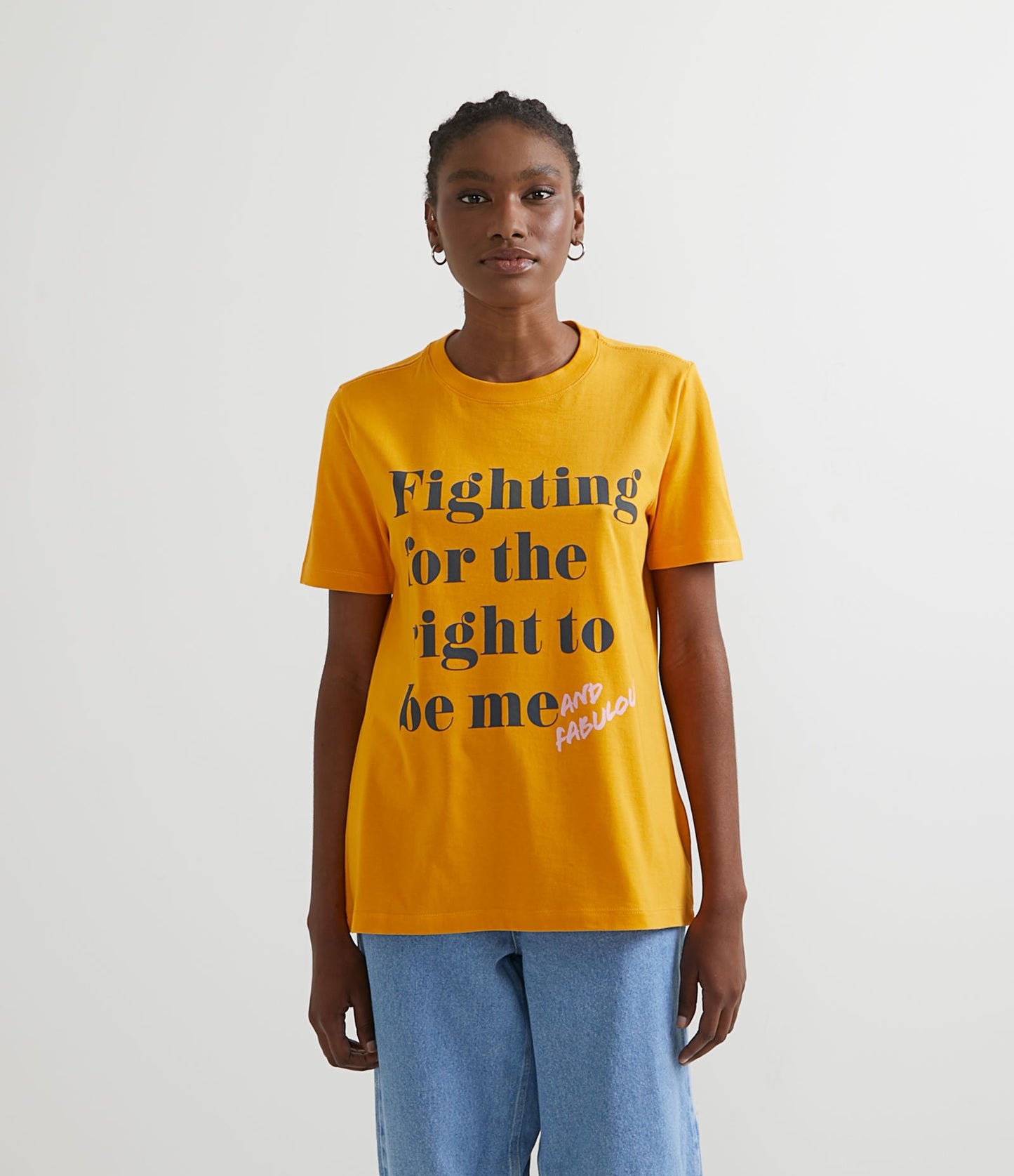 Yellow Short-Sleeve Cotton T-Shirt with "Fighting for the Right to Be Me and Fabulous" Print