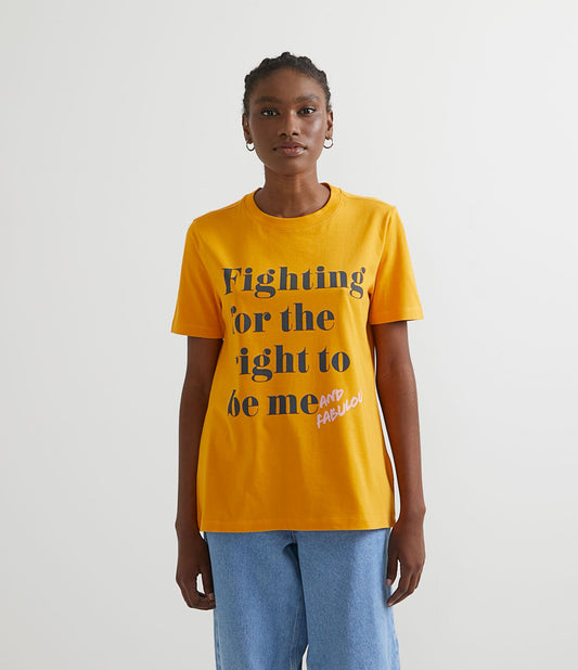 Yellow Short-Sleeve Cotton T-Shirt with "Fighting for the Right to Be Me and Fabulous" Print