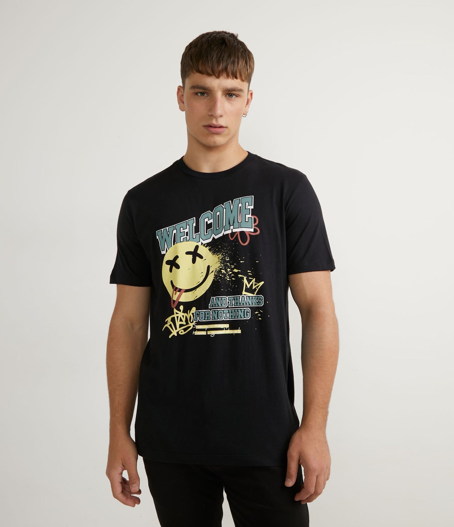 Maglietta nera a maniche corte in cotone con stampa Smiley