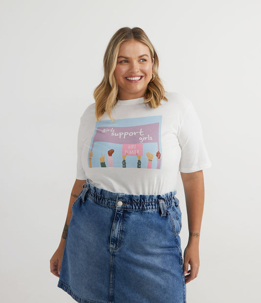 Camiseta de algodão de manga curta com estampa "Girls Support Girls", Curve & Plus Size, branco