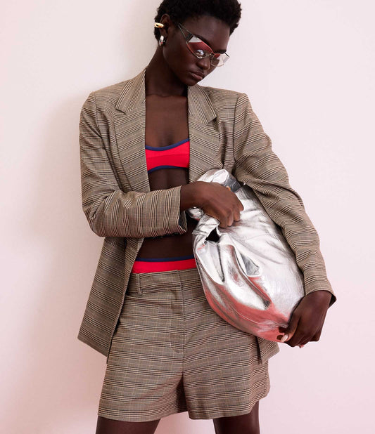 Blazer lungo sartoriale a quadri con cintura e fibbia quadrata marrone