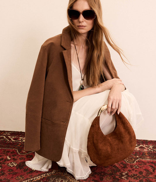 Blazer Marrom Oversized de PU com Abotoamento Duplo