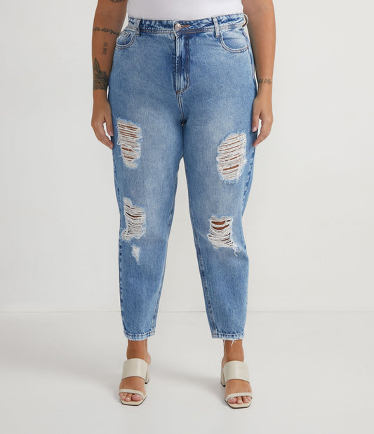 Curve & Plus Size - Jeans da mamma blu con segni di usura