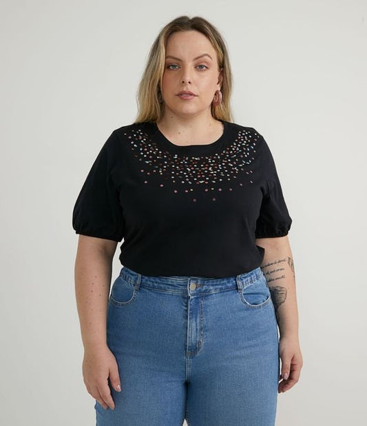 Camicetta in cotone a maniche corte con applicazioni di paillettes, Curve e taglie forti, nero