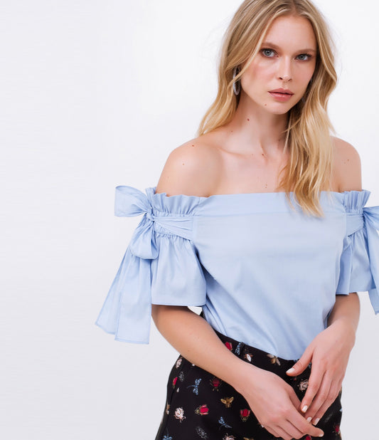 Off-the-Shoulder Top with Tie Detail in Blue