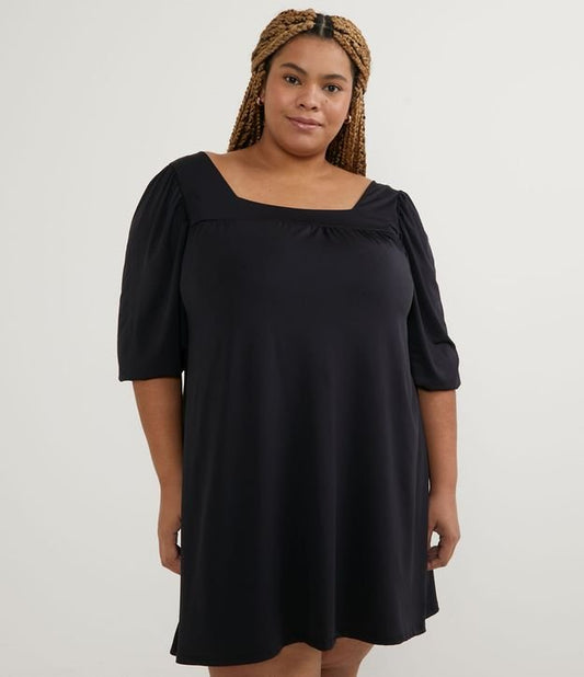 Vestito corto in jersey con scollo quadrato, Curve e taglie forti, nero