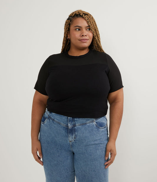 Blusa preta com tecidos mistos e recorte transparente, Curve & Plus Size