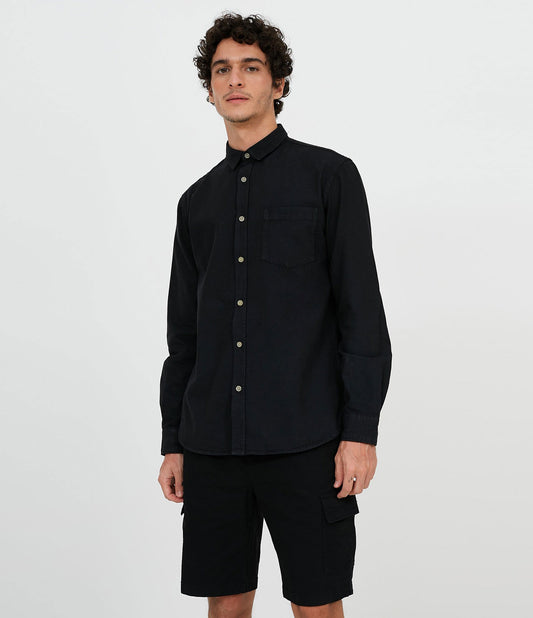 Black Long Sleeve Plain Denim Shirt with Pocket