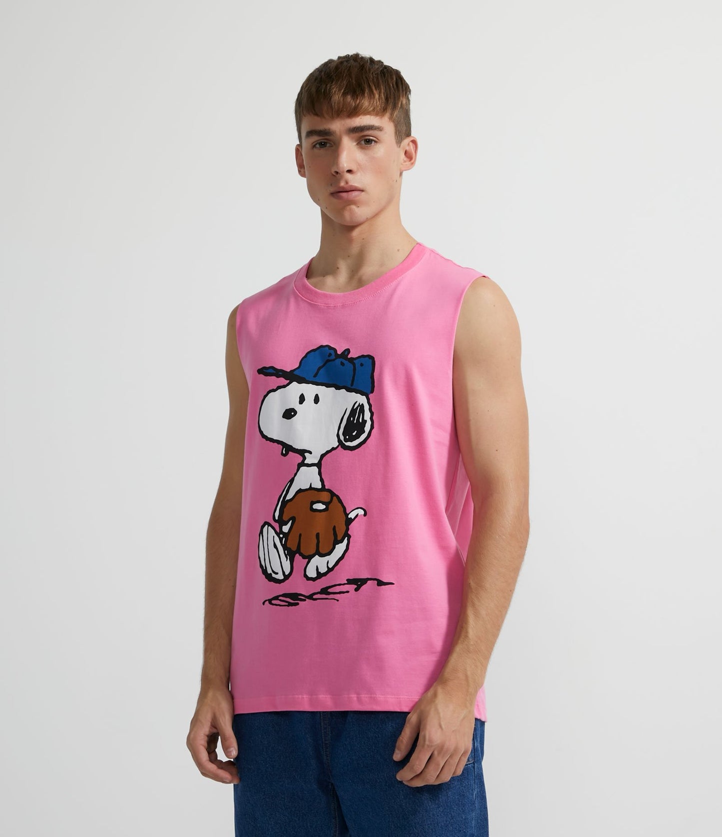Canotta in cotone rosa con stampa Snoopy Baseball