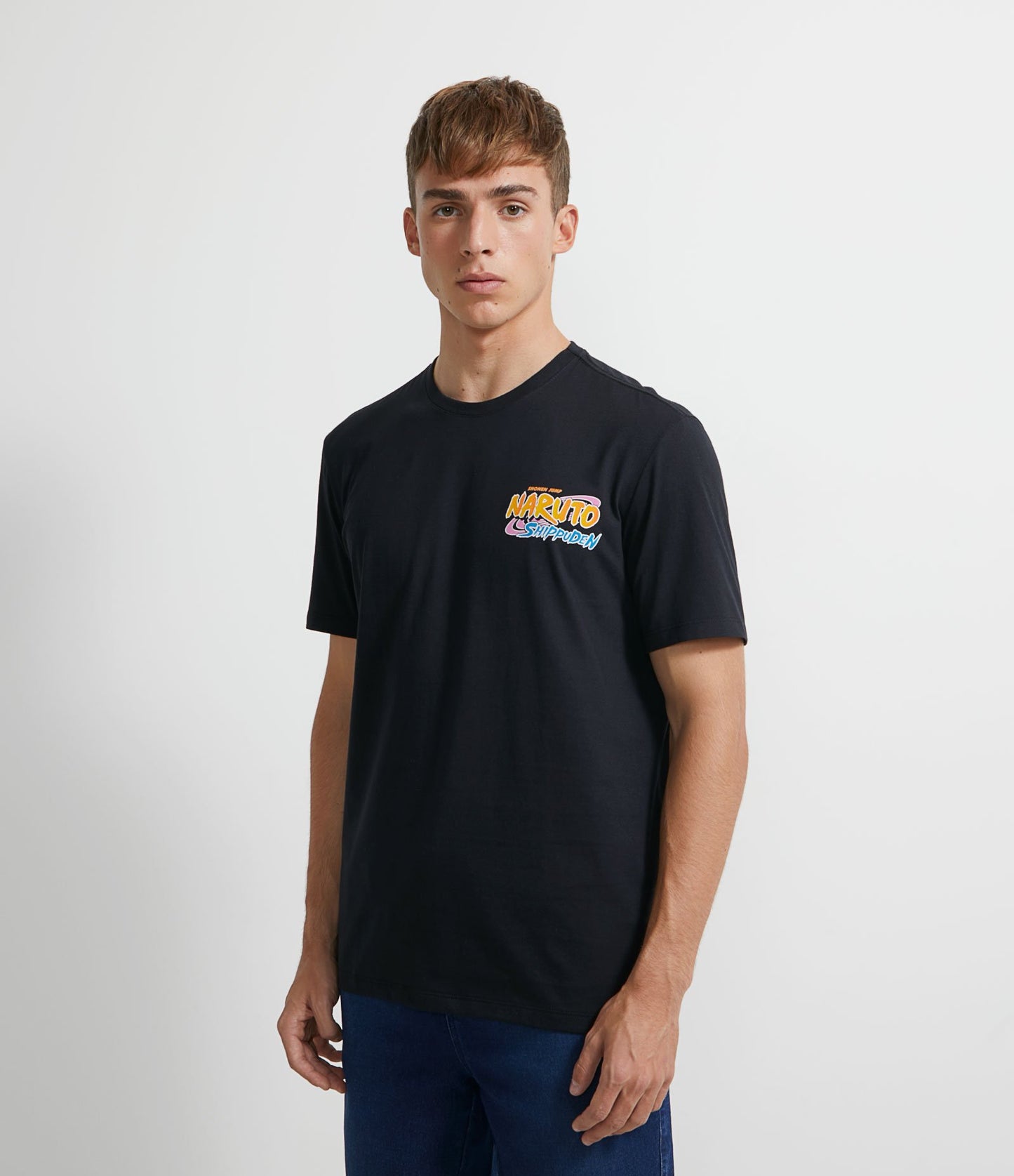 Camiseta de algodón de manga corta con estampado de Naruto y Sasuke en la parte delantera y trasera - Negro