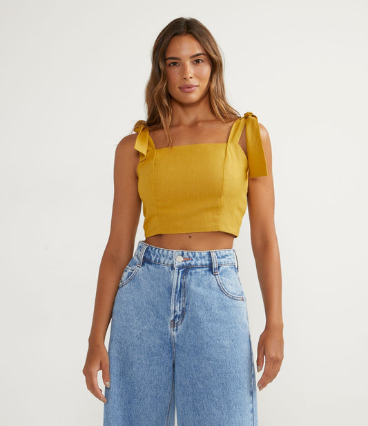 Yellow Linen Crop Tank Top with Tie Straps and Smocked Back