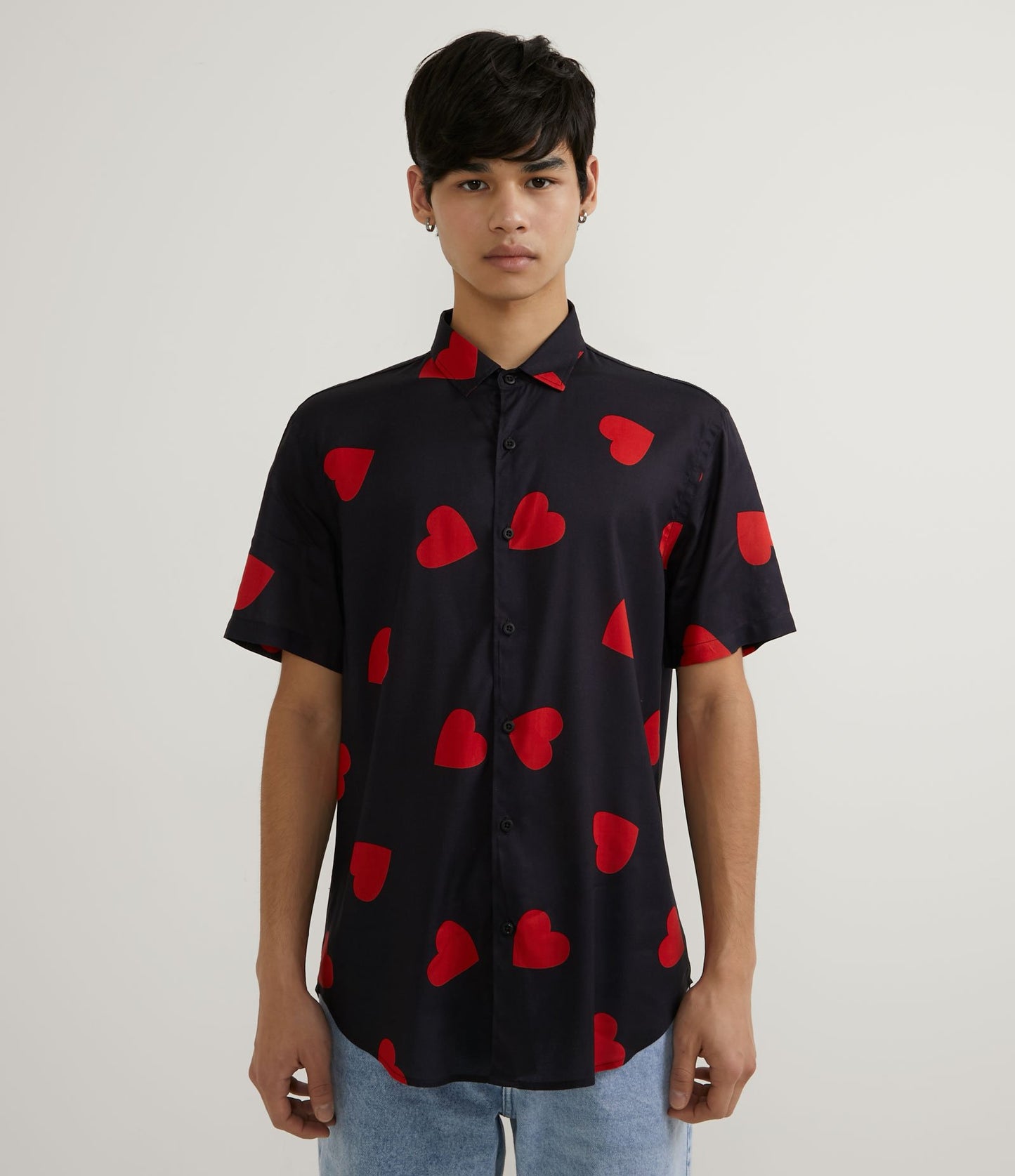 Short Sleeve Viscose Shirt with Black Heart Print