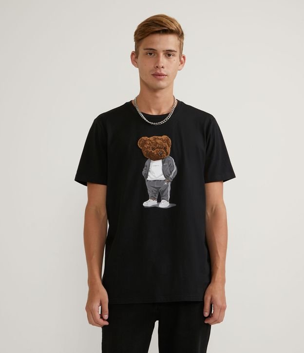 Camiseta preta de manga curta com estampa de ursinho de pelúcia em chenille