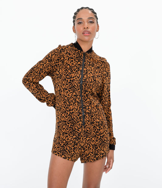 Romper marrone con stampa animalier e cerniera