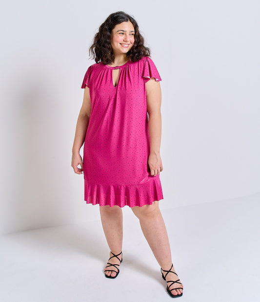 Vestido de bolinhas rosa com detalhe de fivela no decote - Curve e Plus Size