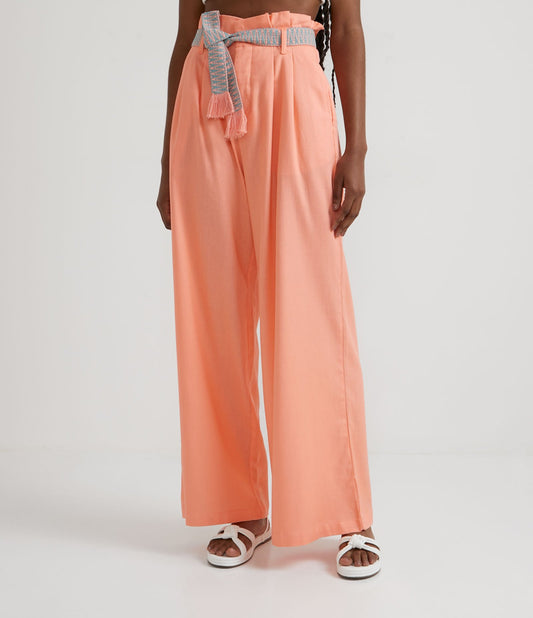 Pantalón de pata ancha en mezcla de viscosa y lino con cinturón naranja bordado
