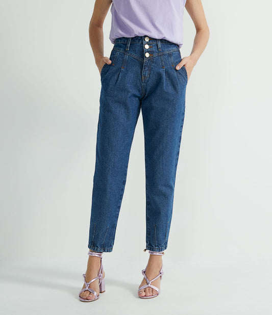 Calça jeans folgada com painel frontal e botões de madrepérola - Azul