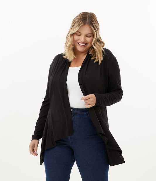 Cardigã de viscolycra preto básico com pontas curvas e tamanho plus size