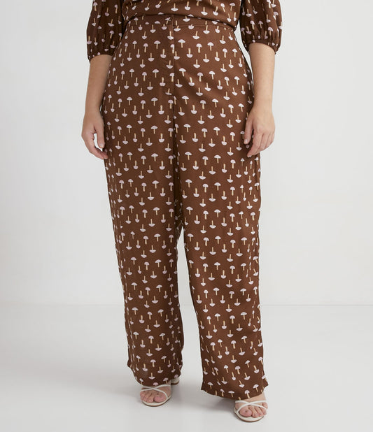 Pantaloni a gamba larga in viscosa con stampa a fungo, Curve e taglie forti, marrone