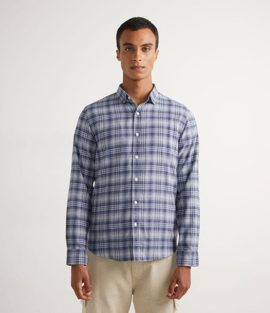 Camisa de flanela azul xadrez de manga longa