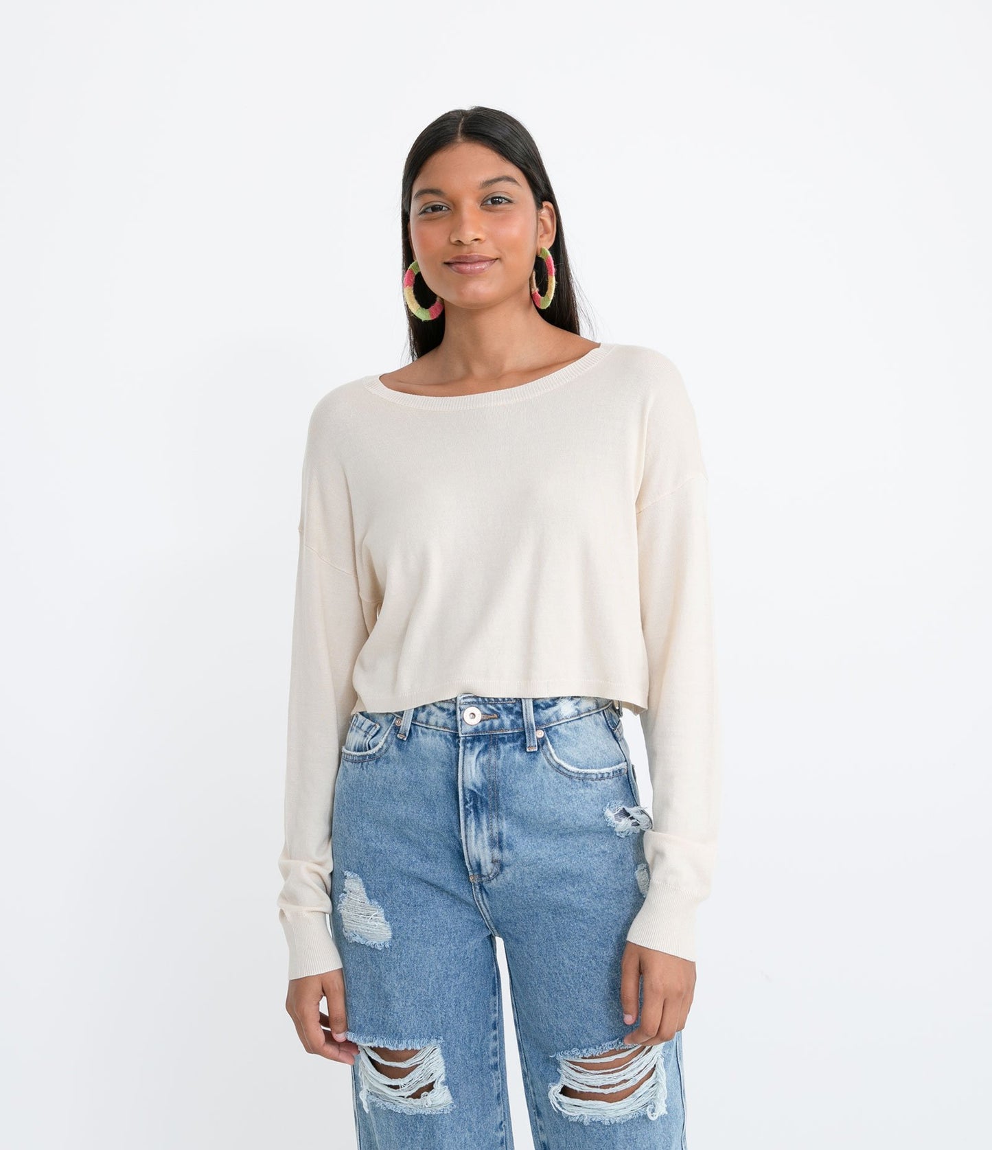 Beige Knitted Cropped Sweater with Dropped Shoulders