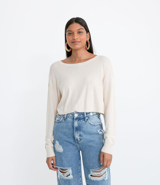 Beige Knitted Cropped Sweater with Dropped Shoulders